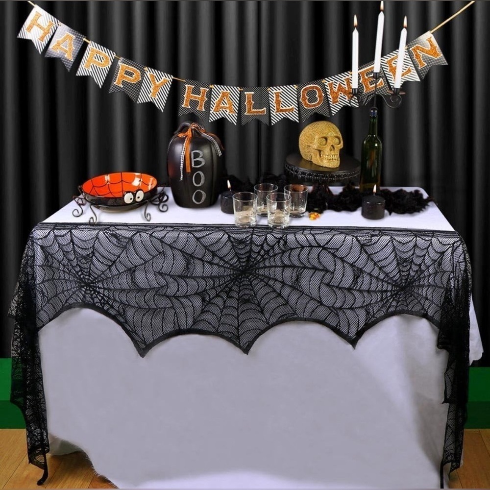 Halloween Decoration Black Lace Spiderweb Fireplace Mantle Cover 18” x 96” - Picture 7 of 9